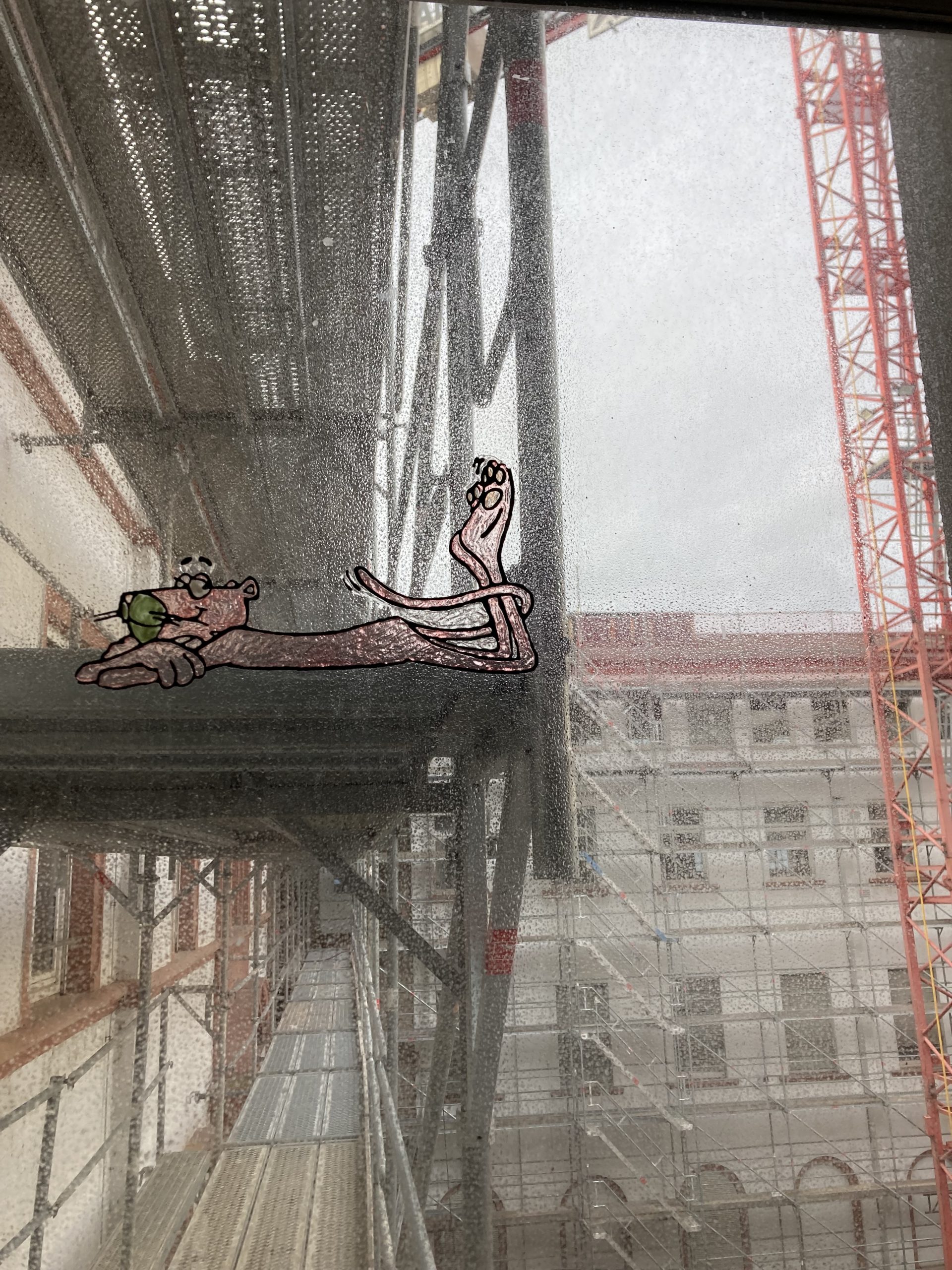 Baustelle am Clemens-Carrée in Koblenz mit pinkem 'Panther in Waiting' Sticker am Fenster – Sanierung historischer Architektur trifft urbane Streetart