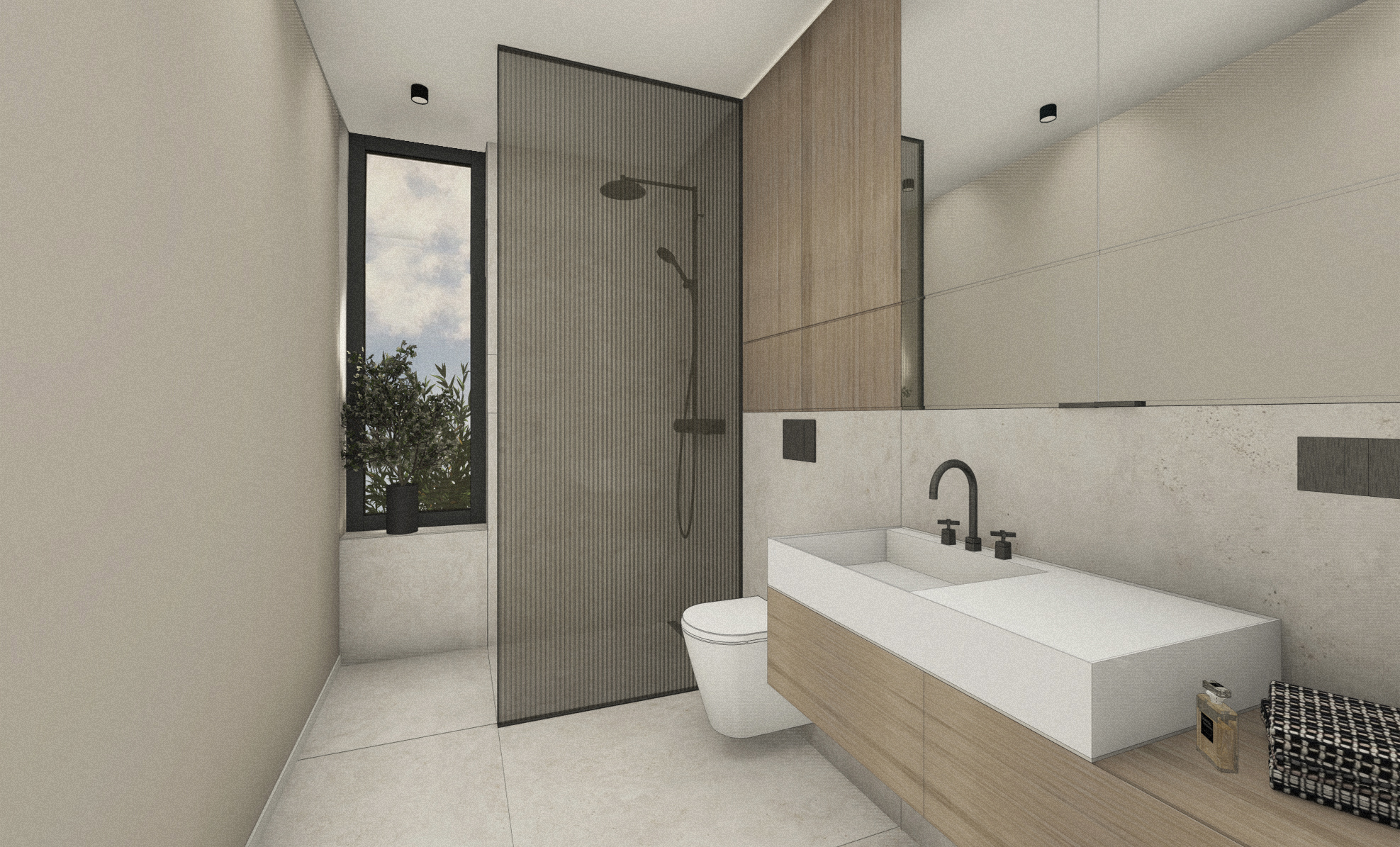Innenarchitektur Koblenz
3D-Visualisierung des Bades eines Hauses mit Eiche und Naturstein – modernes Design mit natürlichen Materialien.